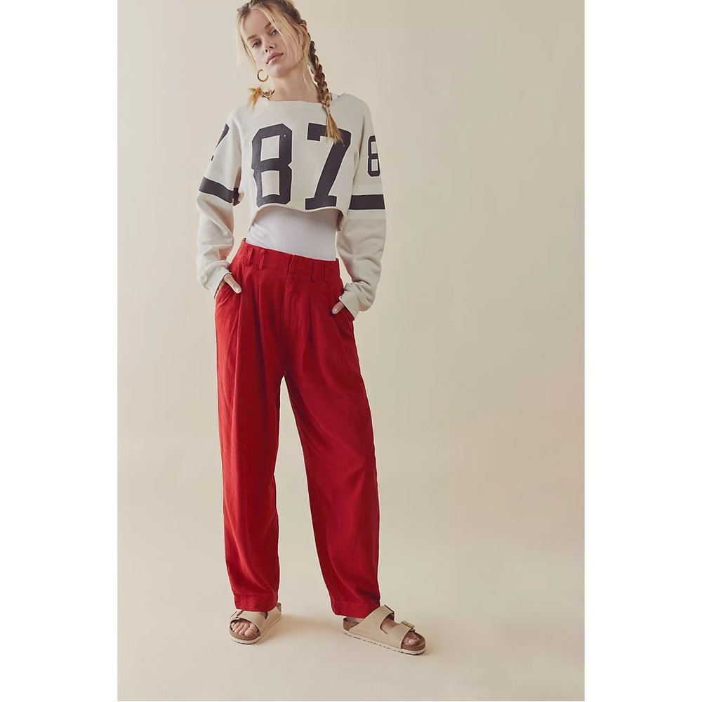 Free People Calla Mid Rise Wide Leg Linen Blend Pleated Trousers Pants in‎ Red